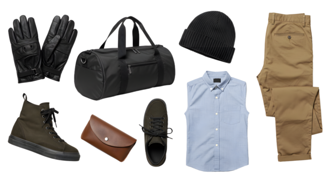 LIFESTYLE - Men's casual outdoor clothing and accessories flat lay including gloves, duffel bag, beanie, cargo pants, boots, leather wallet, and button-up shirt