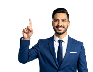 A man in a suit is pointing up with his finger