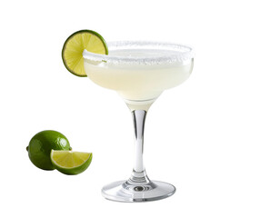 Classic Margarita in salt-rimmed glass with lime wedge — white background