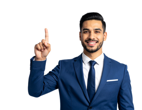 A man in a suit is pointing up with his finger