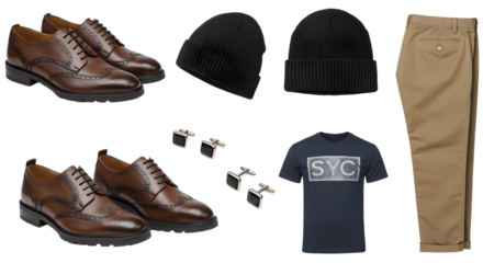 LIFESTYLE - Stylish men's outfit featuring brown leather dress shoes, black knit beanie hats, cufflinks, navy blue graphic t-shirt, and beige casual pants