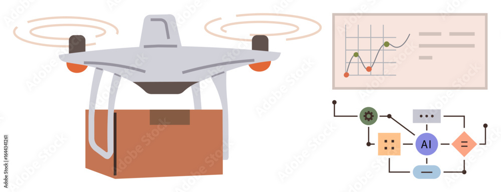 Poster delivery drone carrying box, accompanied by data flowchart and analytics chart. ideal for technology