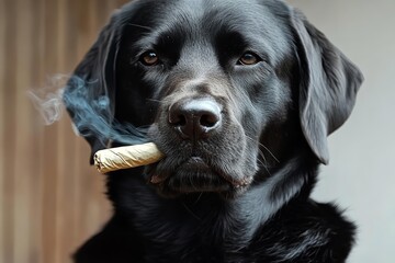 Obraz premium Black labrador with smoking cigar in mouth 