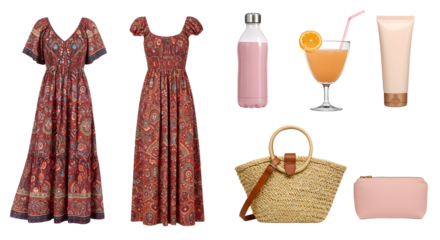 LIFESTYLE - Vintage bohemian style red patterned maxi dress with short sleeves displayed from front and back with summer acc. straw handbag, cosmetic bag, lotion tube, water bottle, cocktail glass