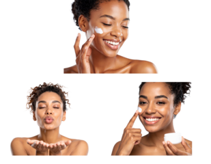 Three women are shown in a row, each with a different facial expression