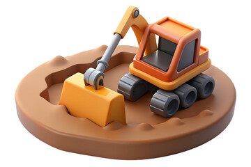 Obraz premium A small orange excavator digging a golden bar from brown soil on a circular platform digger construction