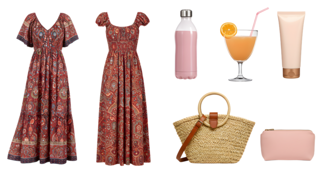 LIFESTYLE - Vintage bohemian style red patterned maxi dress with short sleeves displayed from front and back with summer acc. straw handbag, cosmetic bag, lotion tube, water bottle, cocktail glass