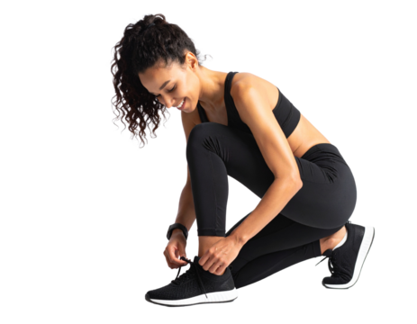 Woman in sportswear tying running shoes, side view, white background