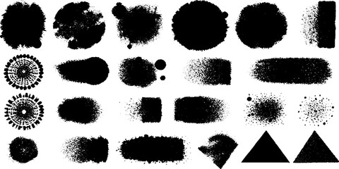 A set of abstract black spray paint splatter textures on a white background.