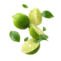 Juicy limes and leaves levitate, showcasing vibrant green hues and glistening surfaces