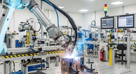 Precision Robotic Welding: An Industrial Arm Creates a Shower of Sparks in a Modern Factory