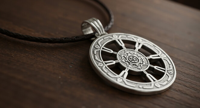 silver medicine wheel pendant on a leather cord, symbolic Indigenous jewelry, macro shot   Silver pendant with wheel design on leather cord resting on wood  