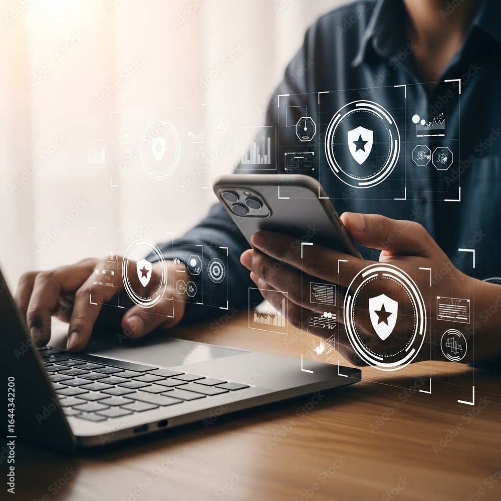 Poster advanced digital security with a holographic shield interface on laptop and smartphone.