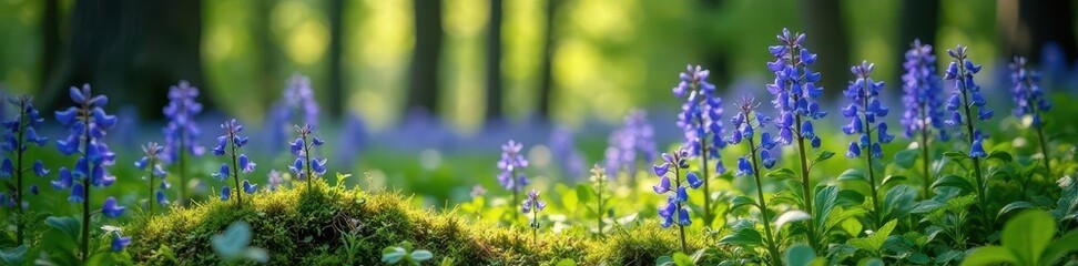 Fototapeta premium Tall bluebells with ferns and moss in a Welsh woodland, woodlands, nature