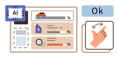 Car health dashboard powered by AI displaying fuel level, tire pressure, and engine oil status with progress bars. Gesture control for interaction. Ideal for technology, innovation, transport