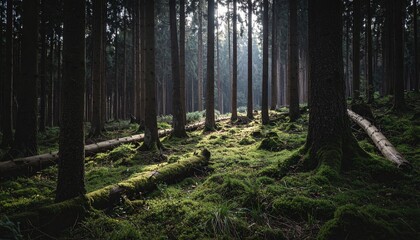 Obraz premium Tranquil forest scene showcasing moss covered ground and fallen logs illuminated by dd sunlight filte through the towe trees creating a serene atmosphere.