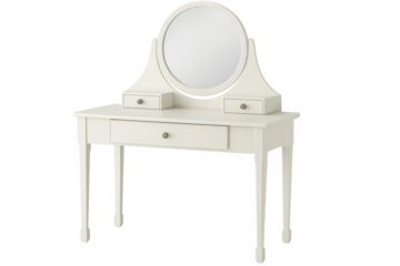 White dressing table with mirror and drawers on transparent background