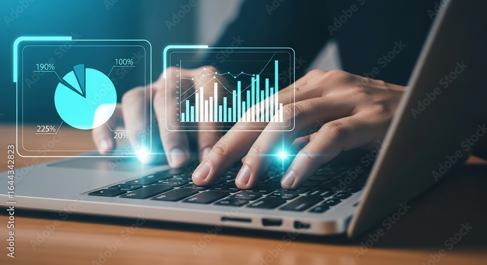 Poster data analysis on laptop hands typing with glowing charts and graphs overlay.