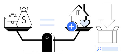 Scales weighing money bag and briefcase against home with heart. Includes plus icon, download arrow, magnifying glass. Ideal for finance, decision-making, equity, investments, real estate balance