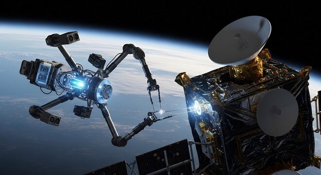 Robotic Arm Servicing Satellite in Orbit Above Earth's Atmosphere