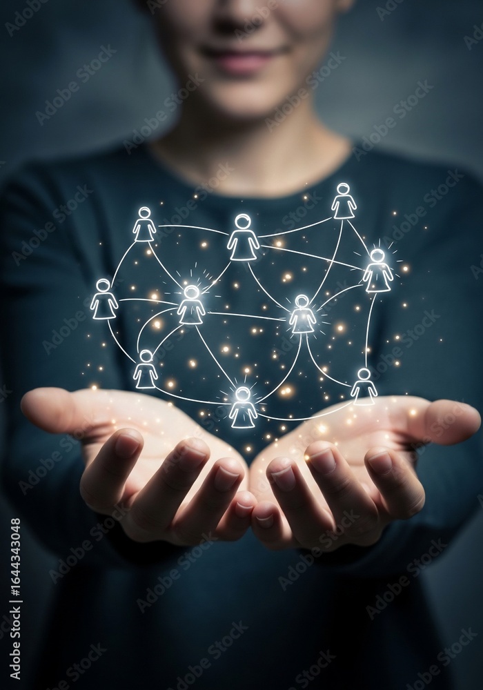 Poster glowing network of connected people held in hands abstract social connection concept.