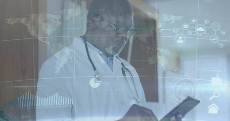 Senior male physician tapping tablet and activating world map overlays for global medical analysis - Powered by Adobe
