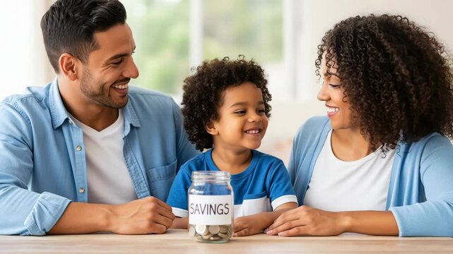 Afro-American Hispanic family with a child teaching him to save money in a jar