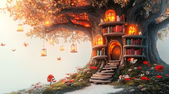 Magical glowing mushroom treehouse with hanging lanterns and cozy bookshelves, whimsical fairytale fantasy artwork with dreamy surreal atmosphere and warm tones