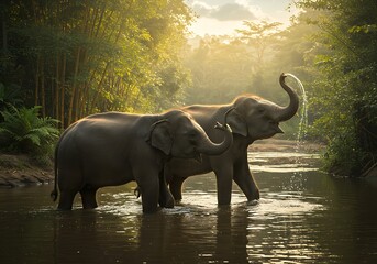 Two Elephants Bathing in a River at Sunrise. Generative Ai