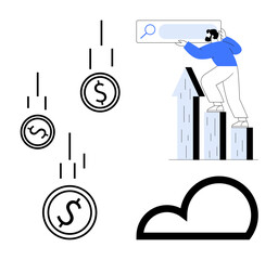 Person analyzing search bar above bar chart, falling dollar coins nearby, cloud below. Ideal for finance, technology, marketing, growth, investment strategy innovation. Simple flat metaphor