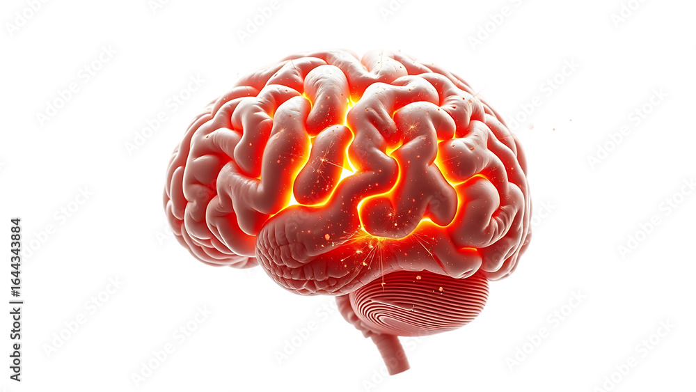 Poster concept art of a human brain exploding with knowledge and creativity isolated on white background