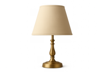 Modern table lamp with golden base and beige shade on transparent background