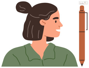 Woman with tied hair and green shirt smiling while looking right, standing next to a brown pen. Ideal for creativity, education, profile, stationery, design inspiration, writing, simple flat metaphor