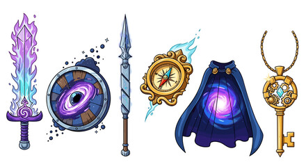 Fantasy Magical Items: Sword, Shield, Spear, Compass, Cape, and Key Isolated