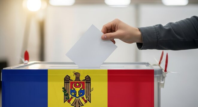 Voter in formal suit casts ballot into transparent ballot box, Moldovan flag on election in Moldova. Symbol of democracy, civic duty, political participation, choice in national or local election