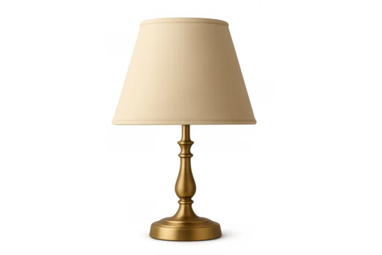 Modern table lamp with golden base and beige shade on transparent background