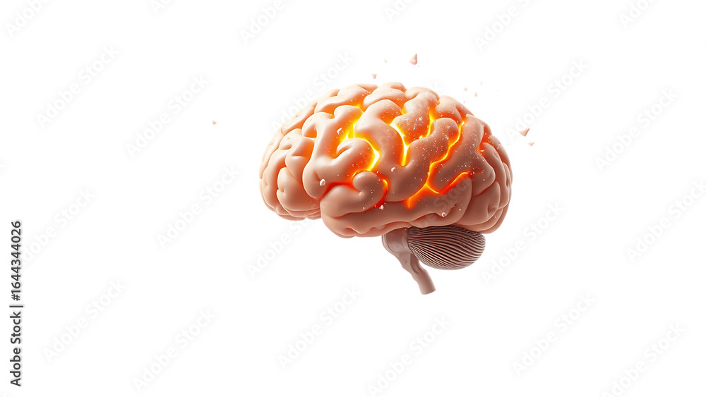 Poster concept art of a human brain exploding with knowledge and creativity isolated on white background