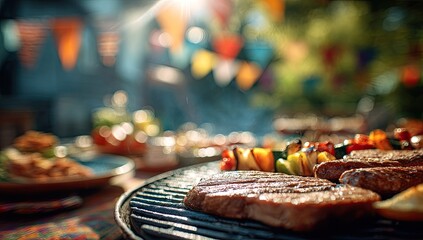 Sizzling steaks and grilled vegetables on a portable grill at an outdoor party, bathed in warm sunlight, with blurred festive decorations in the background