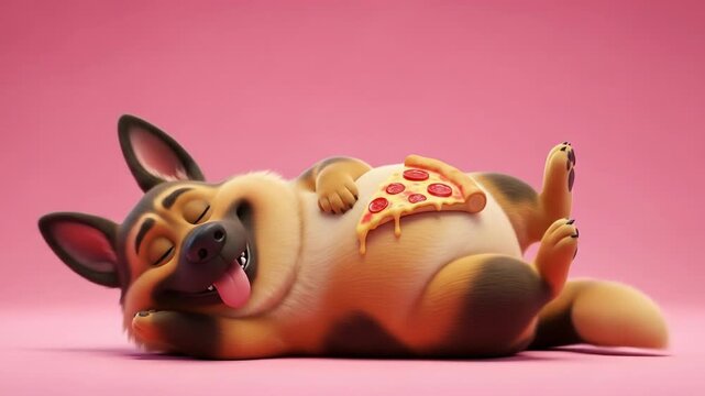 A plump cartoon German Shepherd lies on its back eyes closed tongue out with a pepperoni pizza slice on its belly on a pink surface