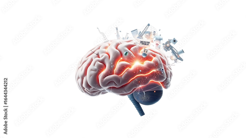 Poster concept art of a human brain exploding with knowledge and creativity isolated on white background