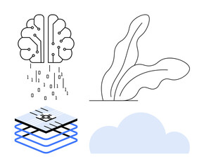 Digital brain with binary data, plant leaf, data layers, and cloud. Ideal for AI, sustainability, machine learning, environment nature-tech balance innovation cloud storage. Simple flat metaphor