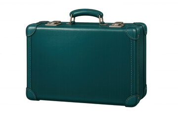 Vintage teal suitcase standing closed, reflecting nostalgic travel memories against transparent backdrop with classic styling