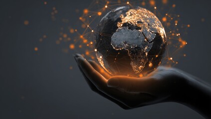 A hand gently cradles a glowing digital Earth, enveloped by a network of interconnected nodes, symbolizing global connectivity and data flow