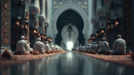 Naklejka premium Tranquil devotion of worshippers in a mosque interior space with ornate design