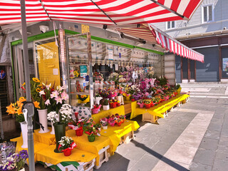 Florist Shop Kiosk at Street in Trieste, Italy.
