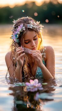 Ethereal mermaid rusalka in serene waters with floral headpiece