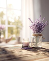 Sunlit rustic wooden table displays a lit candle and lavender in mason jars near a bright window