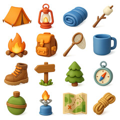 3d camping icon set featuring tent, lantern, sleeping bag, marshmallow, fire, backpack, and more