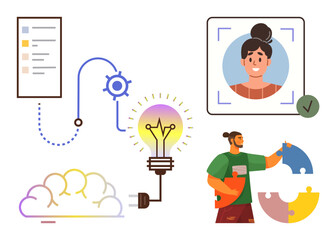 Business planning, teamwork, and innovation with cloud storage, smart light bulb, profile verification, and puzzle assembly. Ideal for collaboration, brainstorming, technology identity efficiency