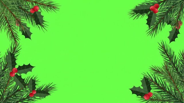 Green screen border frame of Christmas tree branches and holly leaves on bright green background for animation chroma key